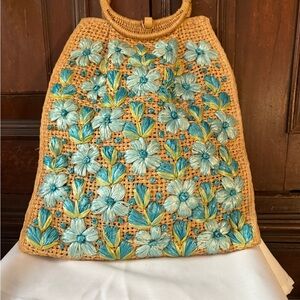 Vintage Tan Tote with Blue and Green Floral Embroidery